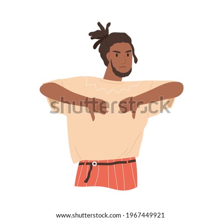 Annoyed man showing his negative attitude with thumb down gesture. Mute feedback with dislike sign. Non-verbal communication. Colored flat vector illustration isolated on white background