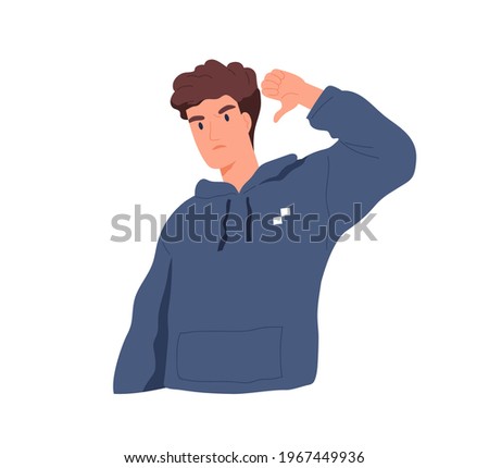 Dissatisfied man gesturing with thumb down, showing negative attitude with dislike sign. Mute feedback and non-verbal communication. Colored flat vector illustration isolated on white background