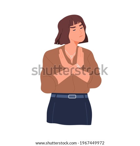 Frowned woman with negative face expression saying no, showing denial, ignore or stop gesture. Person using non-verbal communication. Colored flat vector illustration isolated on white background