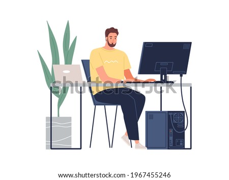Man working with laptop and computer at desk. Software developer, programmer or system administrator with PC. Technical specialist at workplace. Colored flat vector illustration isolated on white