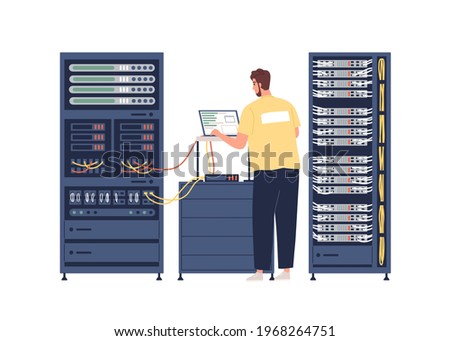 Sysadmin repairing and adjusting network connection. System administrator working with server rack cabinets and computer. Colored flat graphic vector illustration isolated on white background