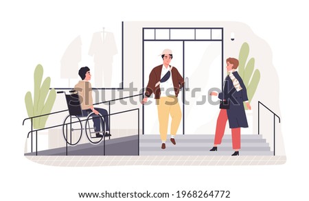 Person on wheel chair moving to accessible building entrance with ramp. Wheelchair-friendly city environment. Disabled people inclusion concept. Flat vector illustration isolated on white background