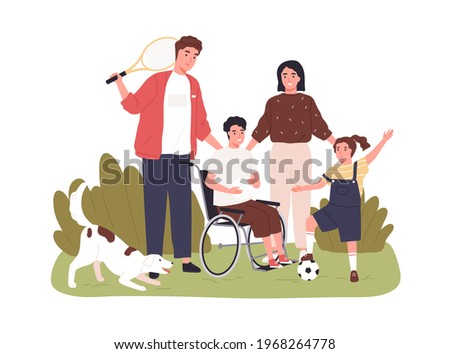 Child on wheelchair together with his family. Sports activities for disabled people inclusion. Boy with disability on wheel chair. Colored flat vector illustration isolated on white background