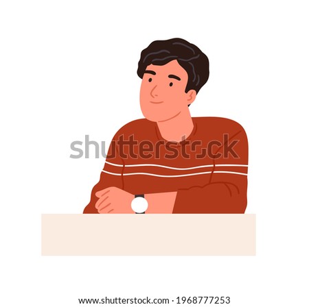 Happy curious person with interested face looking at smth, sitting behind desk and thinking. Smiling friendly man listening attentively. Colored flat vector illustration isolated on white background