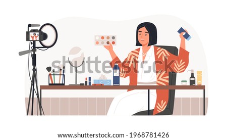Beauty blogger recording makeup tutorial video for her vlog. Woman talking and showing cosmetic products in front of camera. Colored flat vector illustration of vlogger isolated on white background