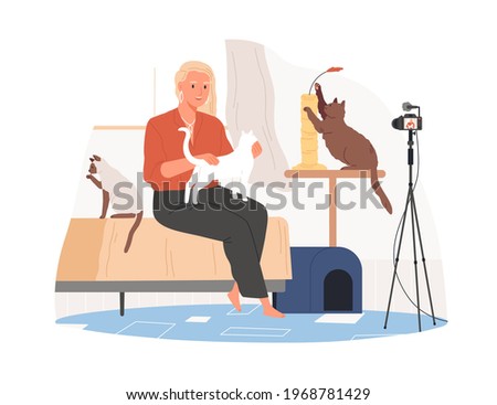 Vet blogger sitting in front of camera with cats and recording video blog about animals, pets. Zoopsychologist creating content for vlog. Colored flat vector illustration isolated on white background