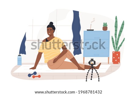 Fitness blogger on yoga mat recording online video classes of sports exercises. Black-skinned vlogger in front of camera on tripod. Colored flat vector illustration isolated on white background