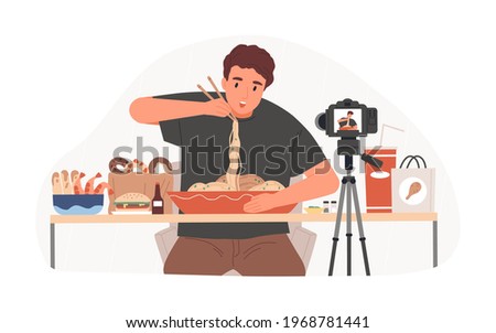 Blogger recording Mukbang video for entertainment vlog, eating asian food in front of camera. Vlogger creating content for his channel. Colored flat vector illustration isolated on white background