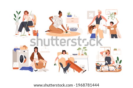 Set of sad unhappy women tired from housework. Busy overworked housewives exhausted from household duties and domestic chores. Colored flat graphic vector illustration isolated on white background