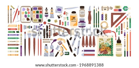 Set of artist's painting supplies, tool kits and accessories. Crayons, erasers, brushes, colour pencils, acrylic, oil and watercolor dyes. Flat vector illustration of stationery isolated on white.