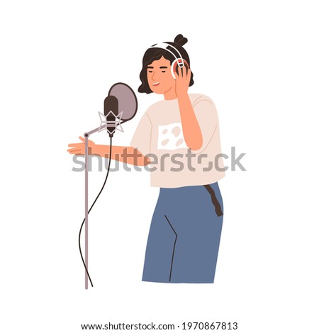 Young singer singing and recording song with professional studio mic and headset. Voice record of modern vocalist. Colored flat vector illustration of pop musician isolated on white background