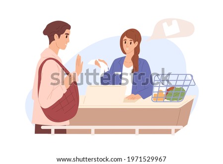 Customer with reusable bag refusing from disposable plastic pack, offered in grocery store. Conscious consumption and shopping concept. Colored flat vector illustration isolated on white background