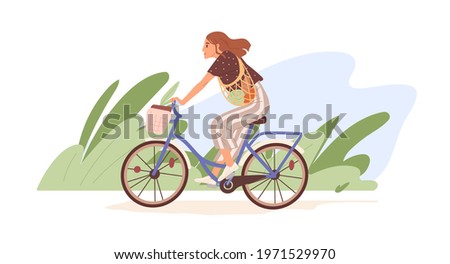 Young modern woman riding bicycle with basket. Happy cyclist on bike with grocery net bag in nature. Eco-friendly transport concept. Colored flat vector illustration isolated on white background