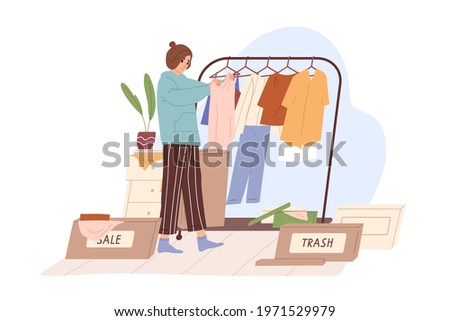 Woman decluttering and organizing wardrobe, putting clothes into Sale and Trash boxes. Person taking inventory and sorting out apparels. Colored flat vector illustration isolated on white background