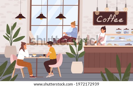Cozy and relaxing coffee shop interior with people. Barista and customers inside modern cafe. Men and women resting in cafeteria or coffeehouse. Colored flat vector illustration of coffeeshop
