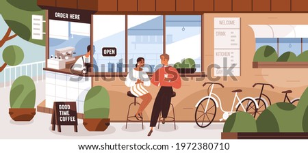 Happy modern people sitting on chairs at street kiosk or coffee shop. Couple with bicycles resting near small grab-and-go cafeteria in summer. Colored flat vector illustration of city lifestyle