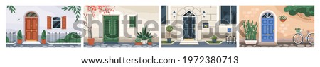 Front view of home walls with closed doors, windows with wooden shutters, mailboxes, potted plants, lanterns and bicycle parkings. Colored flat vector illustrations of doorways, building entrances