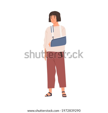 Unhappy woman with broken hand in gypsum. Sad patient with arm injury during recovery. Person with orthopedic trauma sling after accident. Colored flat vector illustration isolated on white background