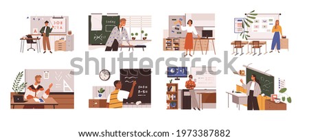 Set of school teachers standing at blackboards and whiteboards in classroom. Lecturers teaching in class. Professors at chalkboards. Colored flat vector illustration isolated on white background
