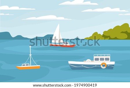 Peaceful marine landscape with sailboats, ships floating in sea. Passenger sail boats, yachts in ocean. Colored flat vector illustration of serene nature with sky horizon with clouds