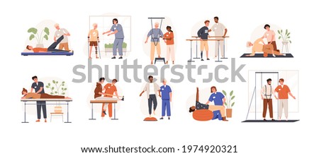 Therapists helping patients during physio therapy and rehabilitation set. Physiotherapy treatment for people with physical disabilities. Flat graphic vector illustration isolated on white background