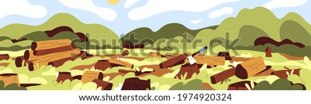 Landscape of dead nature with cut felled trees in forest. Deforestation, wood devastation and ecosystem destruction concept. Panoramic view of trunks and stumps. Colored flat vector illustration