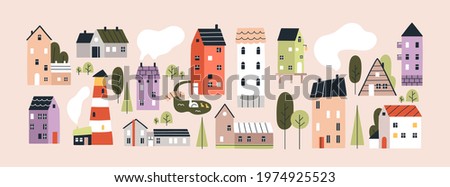 Set of isolated cute tiny houses, small buildings and trees in Scandinavian style. Trendy urban and village homes with windows, roof tiles and chimneys with smoke. Colored flat vector illustration.