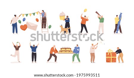 Set of happy people preparing for birthday party and celebrating holiday with garlands, balloons, champagne, cake, and gift boxes. Colored flat vector illustration isolated on white background