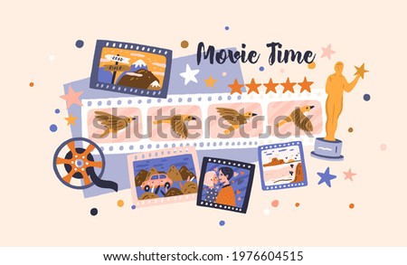 Filmstrips and cinema award for best festival film. Hollywood prize winners in cinematography industry. Video production, cine theater, and movie time concept. Colored flat vector illustration