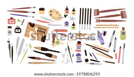 Set of calligraphy and lettering tool kit. Different pens, pencils, brushes, acrylic paints, ink bottles, quills and sketchbook. Colored flat graphic vector illustration isolated on white background.