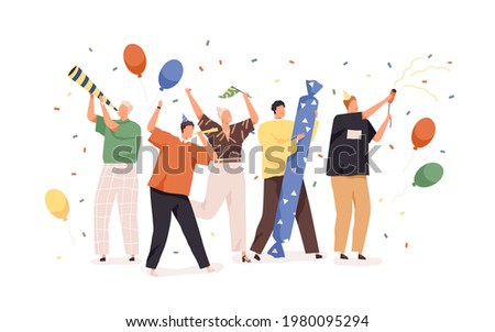 Happy people celebrating birthday with confetti, balloons, party hats and horns. Holiday celebration concept. Men and women rejoicing together. Colored flat vector illustration isolated on white