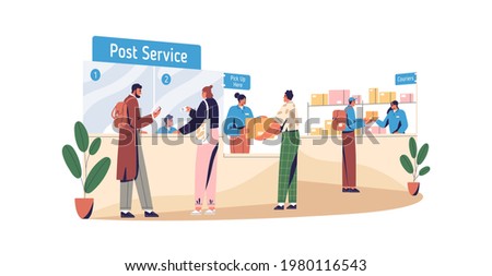 People sending and receiving parcels in post office. Postal service with pick-up point and courier counter. Work of mail business. Colored flat vector illustration isolated on white background.