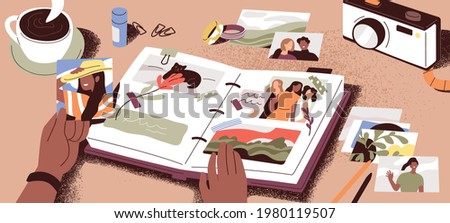 Female hands creating photo album, attaching and arranging photographs and memory notes. Creation of book with pictures. Colored flat vector illustration of photoalbum or scrapbook with images.