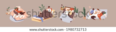 Set of people relaxing with pets on beds and sofas. Collection of men and women spending time, resting together with cats and dogs at home. Lazy day off. Isolated colored flat vector illustrations.