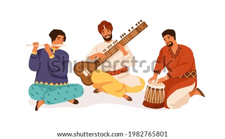 Indian street musicians playing traditional folk music on national instruments. Men in ethnic clothes performing on sitar, bansuri and drum. Flat vector illustration isolated on white background