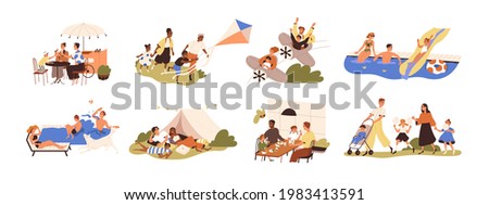 Set of happy families with children during outdoor recreation activities on summer holidays. Parents and kids eating, resting and playing together. Flat graphic vector illustration isolated on white.