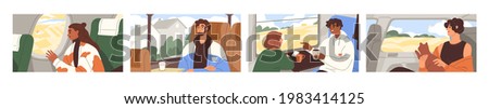 Happy people traveling in planes, trains and buses, looking outside windows at sceneries, landscapes. Scenes with passengers in transport. Tourism concept. Colored flat graphic vector illustration.