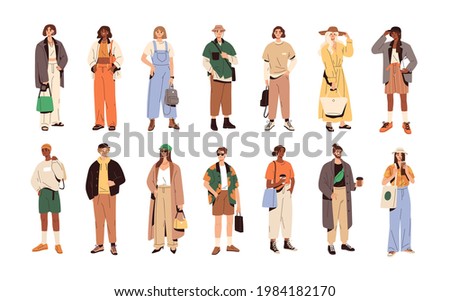 Set of stylish people in fashion casual outfits with accessories and bags. Young modern men and women wearing trendy summer clothes. Colored flat vector illustration isolated on white background