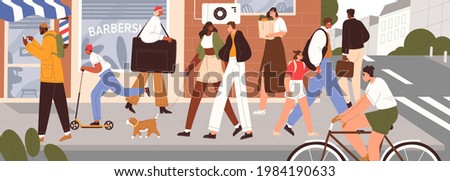Busy people traffic on modern city street. Summer cityscape with happy pedestrians, cyclist on bicycle, kid on scooter, couple with dog walking. Colored flat vector illustration of urban panorama