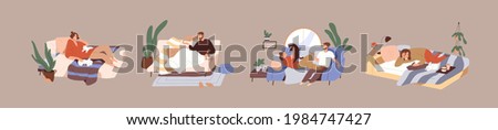 Scenes with happy people and cats relaxing at home. Set of men and women resting on sofas and beds with their pets. Lazy cozy evenings with cute animals. Isolated colored flat vector illustration