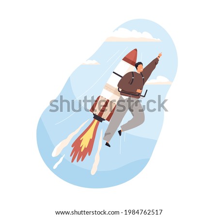 Fast successful launch of business startup concept. Ambitious man on rocket, developing and achieving career goals. Colored flat vector illustration of entrepreneur isolated on white background