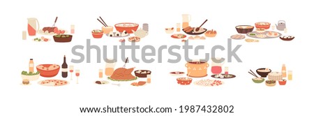 Set of national food for festive dinners. Traditional meals of diverse cuisines. American, Arab, Asian, Italian, Russian holiday dishes. Colored flat vector illustration isolated on white background