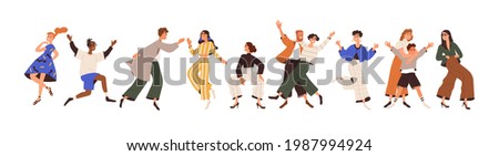 Set of happy joyful people having fun, rejoicing, dancing, fooling around with positive emotions. Laughing cheerful young men and women. Colored flat vector illustration isolated on white background