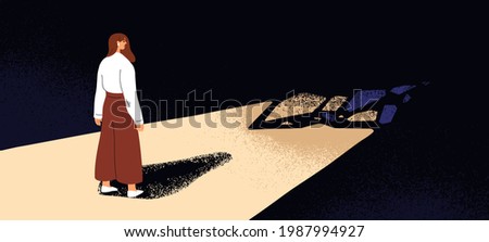 Concept of stepping into unknown future. Person standing on light path, facing darkness. Woman before going toward fear, dark, scary and strange challenging way. Colored flat vector illustration