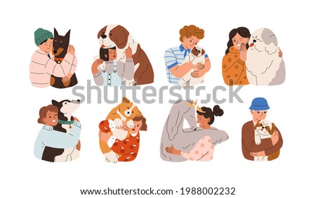 Set of kids hugging big and little dogs. Love and friendship between child and pet. Happy people embracing cute canine animals. Colored flat graphic vector illustration isolated on white background