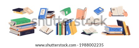 Stacks of books for reading, pile of textbooks for education. Set of literature, dictionaries, encyclopedias, planners with bookmarks. Colored flat vector illustration isolated on white background