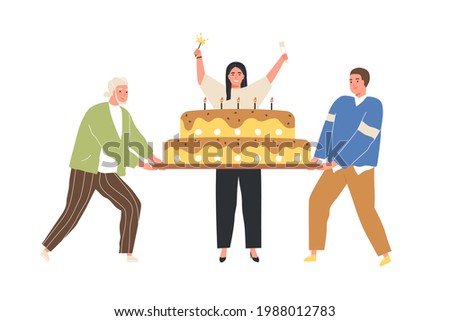 People congratulating birthday girl with huge festive party cake with candles. Happy smiling woman holding sparkler and glass of champagne. Flat vector illustration isolated on white background