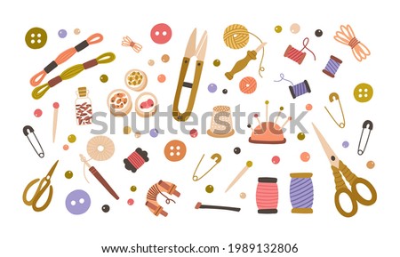 Set of different tools for needlework, sewing, embroidery, knitting, bead craft, crochet.Tailor's supplies with needles, threads, pins, and thimble. Colored flat vector illustration isolated on white