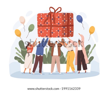 Happy people holding big wrapped birthday gift. Joyful men and women with huge giftbox. Anniversary celebration concept. Colored flat vector illustration of large present isolated on white background