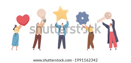 Set of tiny people holding big heart, light bulb, star, gear and key. Men and women standing with different huge items and tools. Colored flat vector illustration isolated on white background